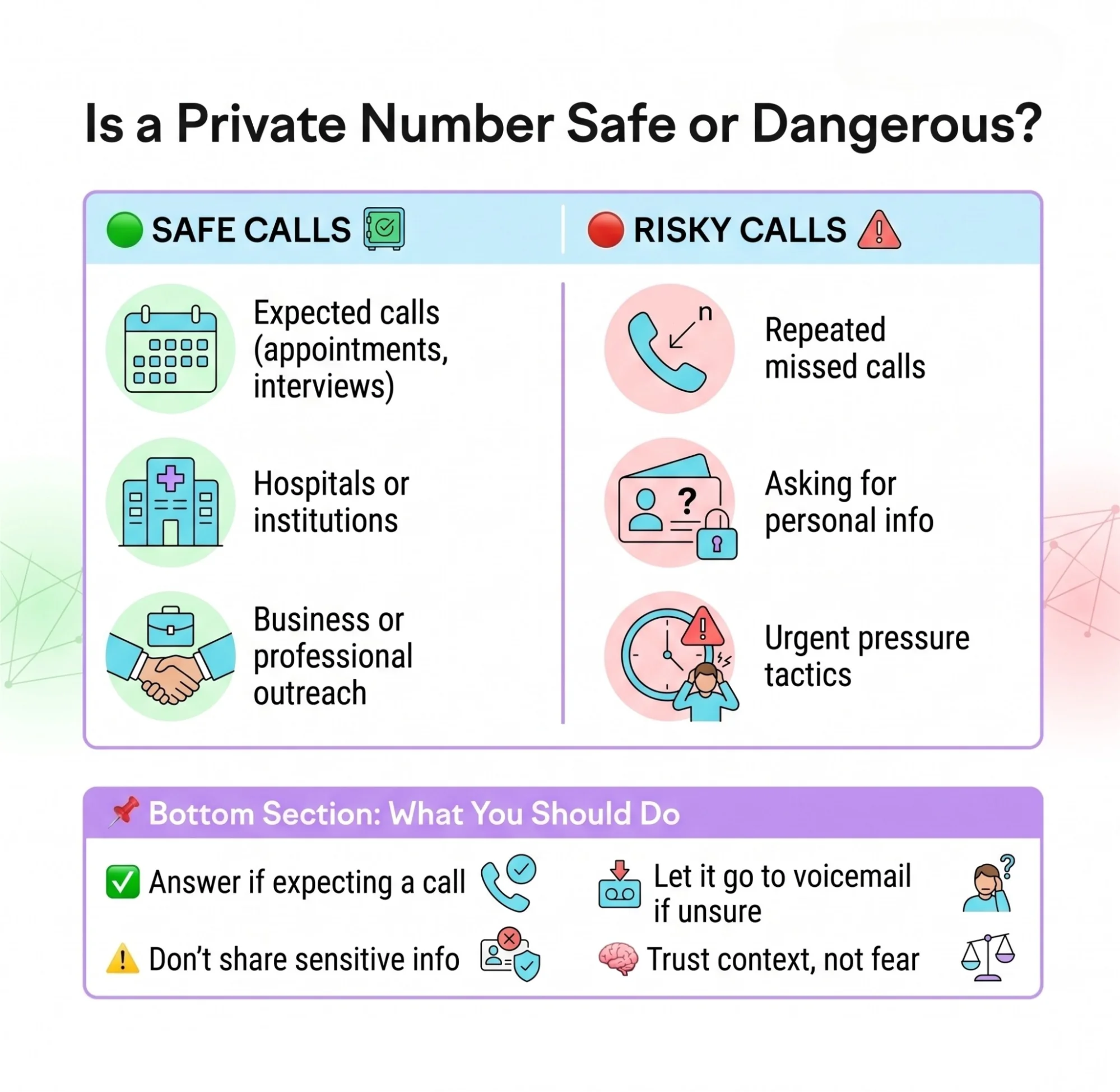 Infographic comparing safe vs risky private number calls, including signs of spam calls and what to do when receiving a private phone call